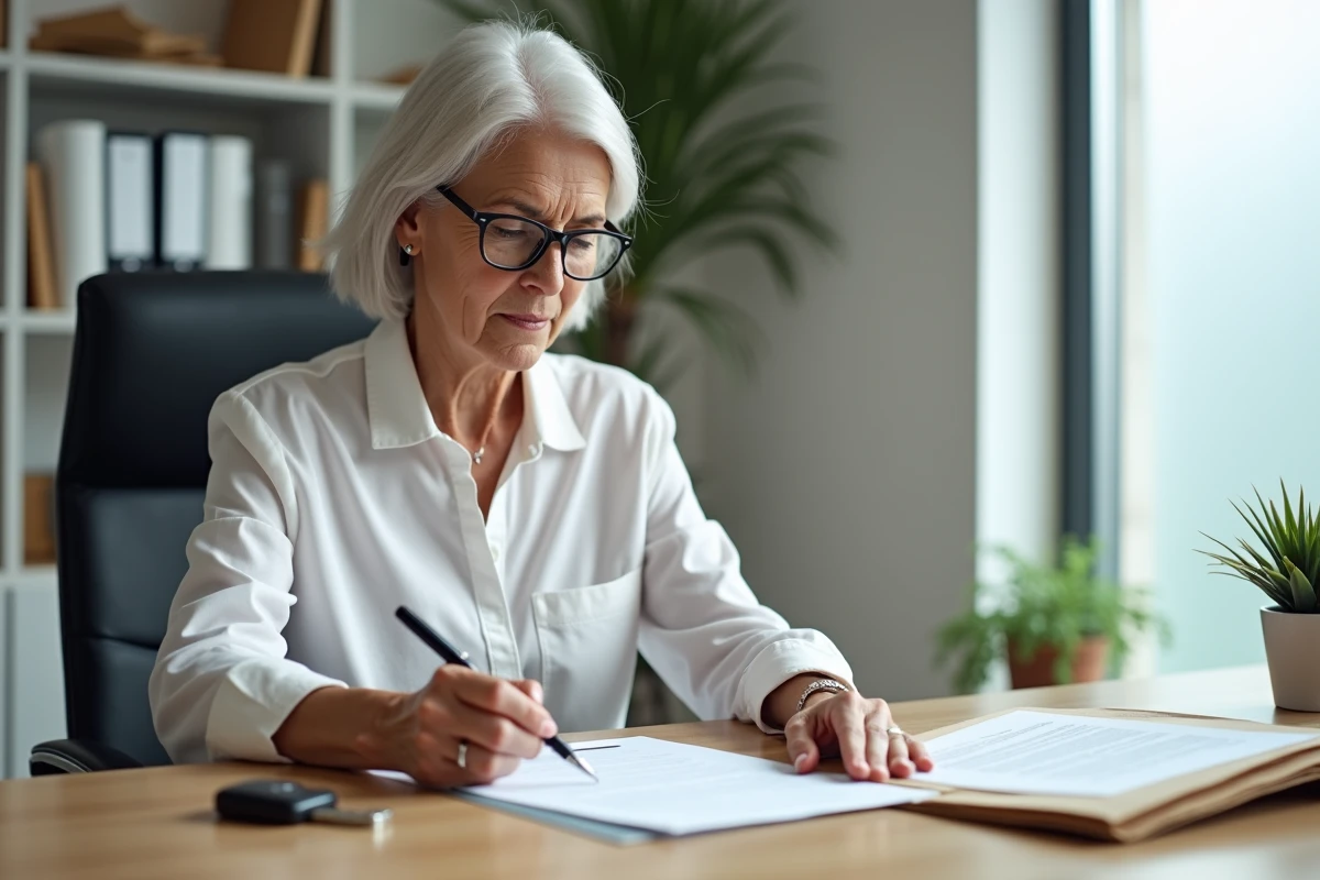 Femme examinant attentivement un contrat de vente automobile dans un bureau administratif
