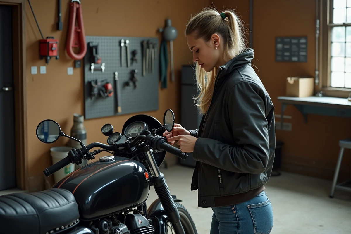 Femme vérifiant le compteur d une moto dans un garage
