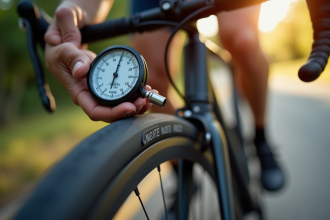 Vue rapprochee d'un manoometre sur un pneu de velo