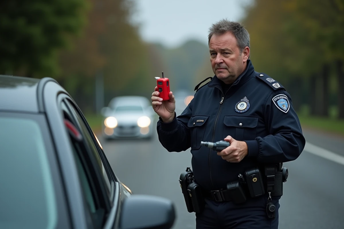 Policier effectuant un contrôle d'alcoolémie au bord de la route avec un éthylotest, contrôle routier en France