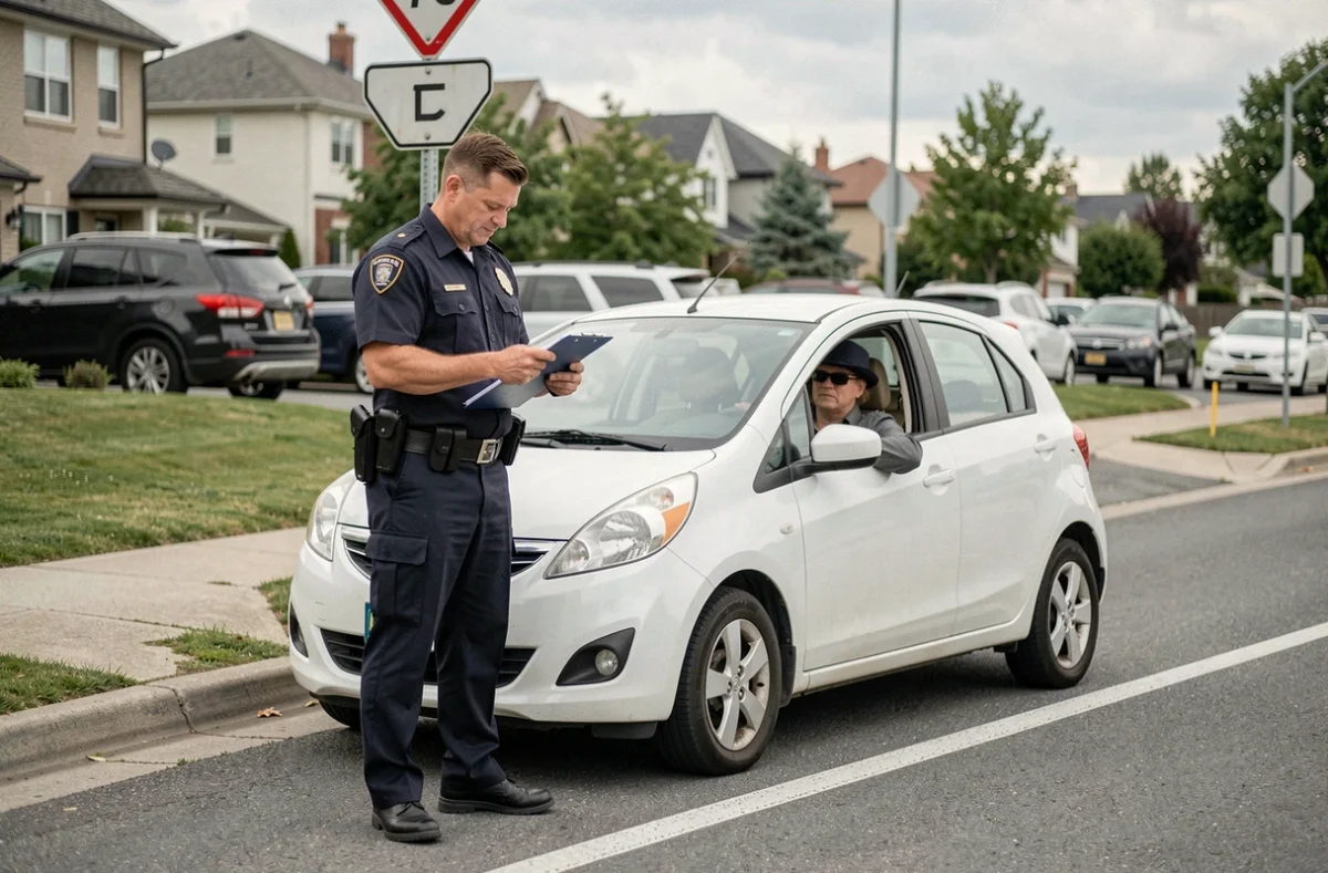 Contrôle routier par un policier vérifiant les documents d'un conducteur arrêté en zone urbaine
