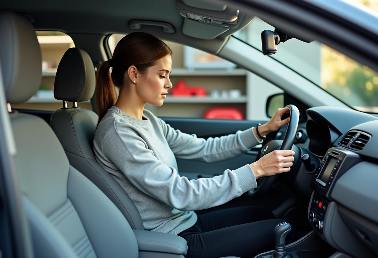 Jeune femme vérifiant un kit de sécurité dans sa voiture