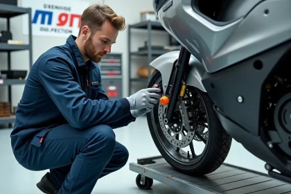 Mécanicien effectuant un contrôle technique sur une moto dans un centre de contrôle agréé en France