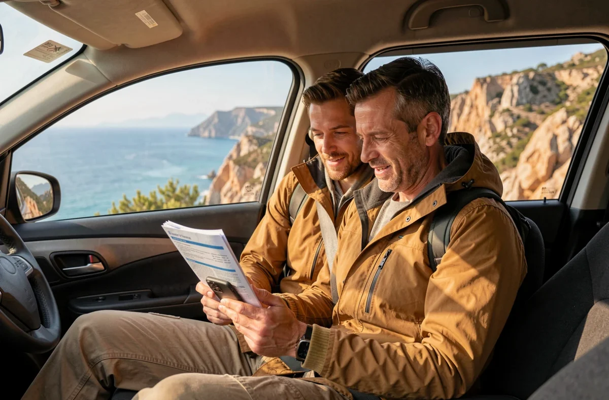 Couple consultant une assurance voiture de location sur smartphone à l'intérieur du véhicule avec vue côtière