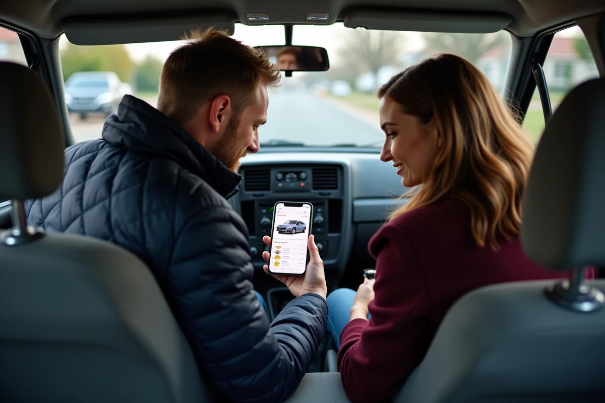 Couple évaluant le rapport qualité-prix d'une voiture essence d'occasion grâce à une application mobile