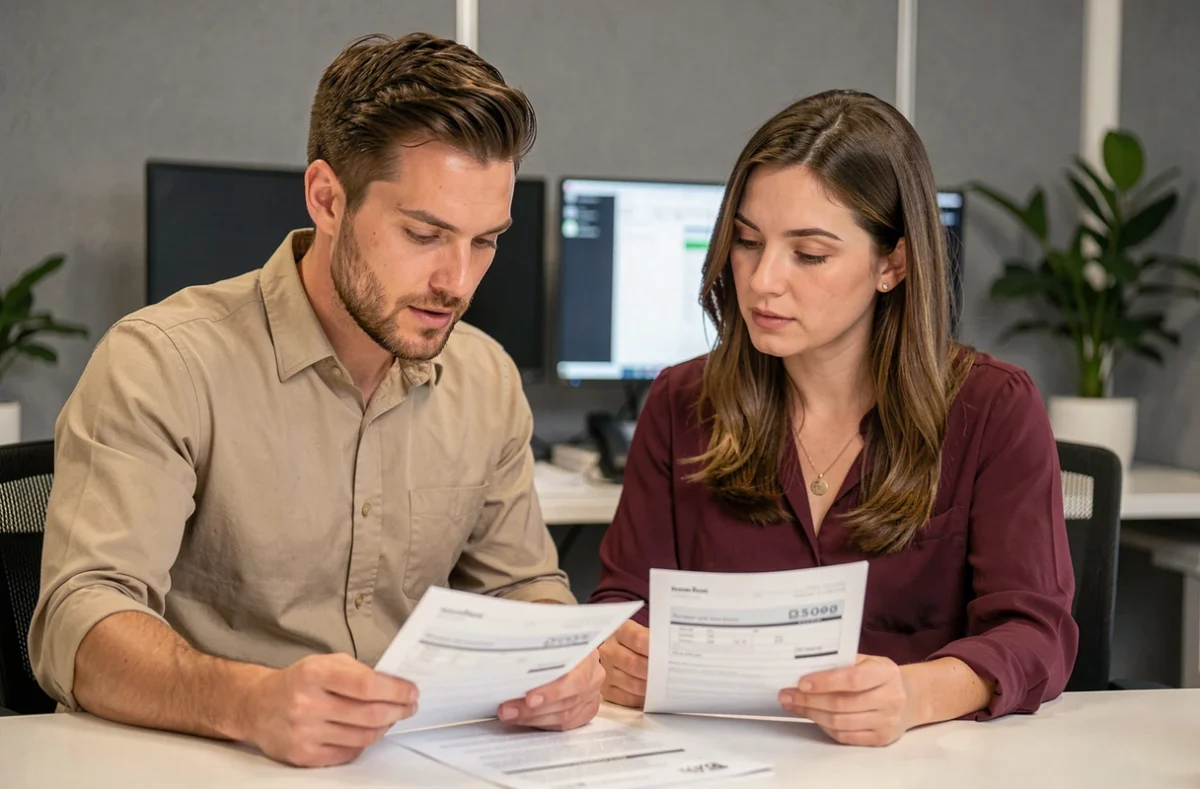 Couple de jeunes adultes comparant des devis d'assurance auto sans frais de dossier au bureau
