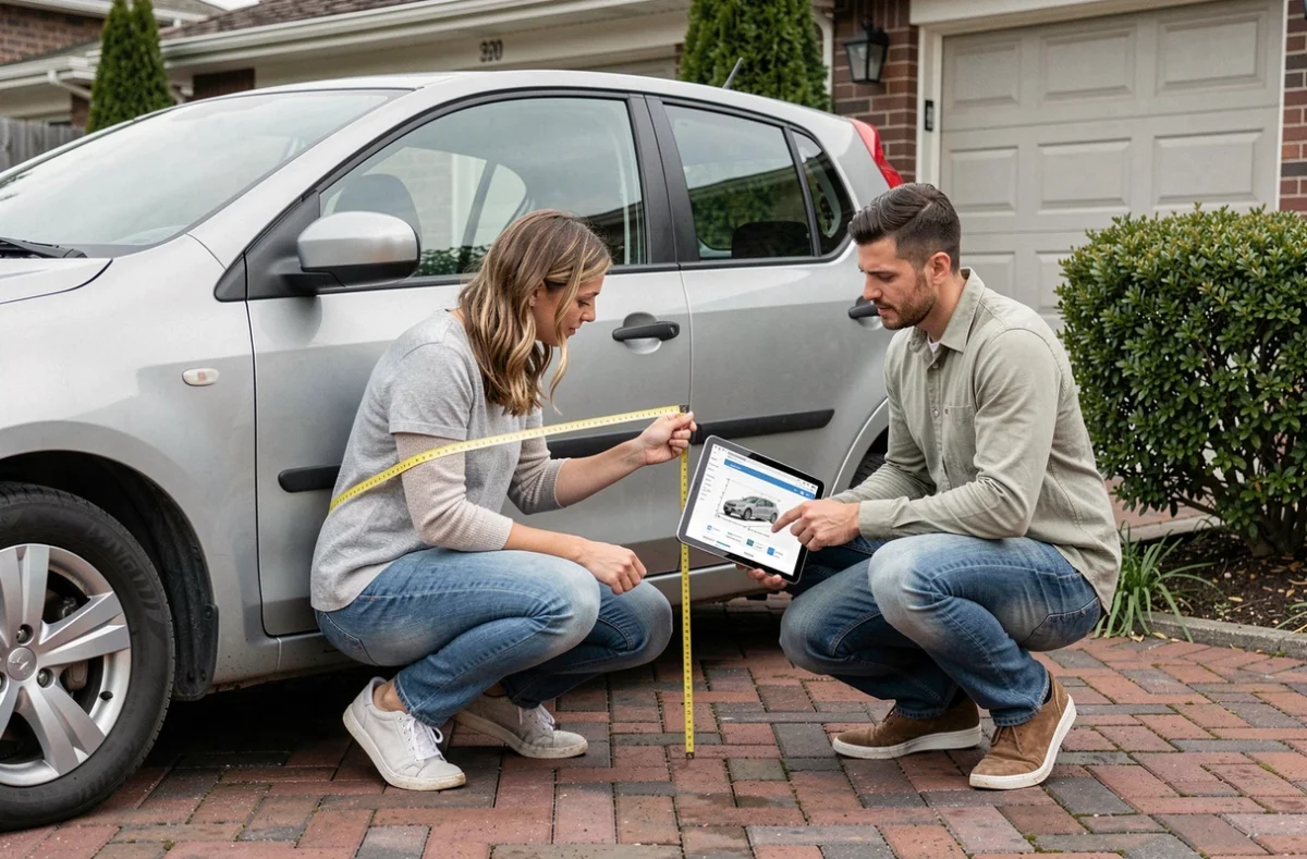 Couple mesurant les dimensions d'un véhicule dans une allée résidentielle à l'aide d'un ruban et d'une tablette affichant un comparateur automobile