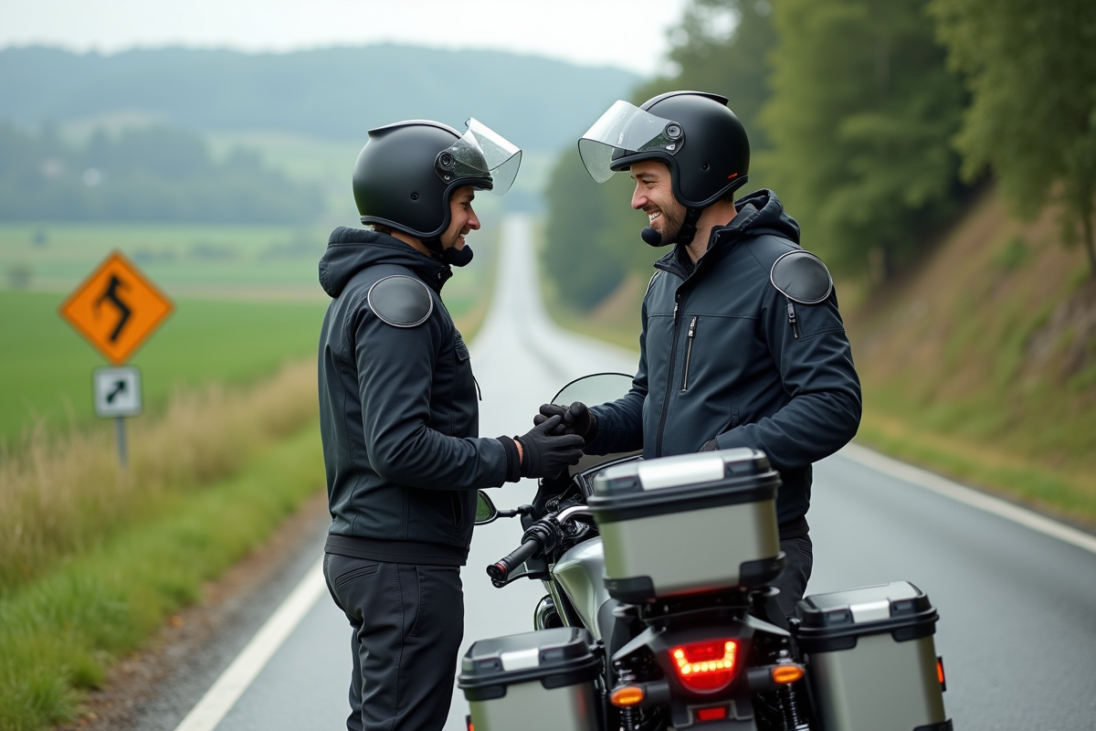Couple en équipement moto sur route de campagne