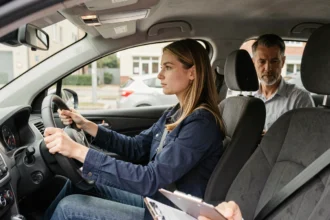 Jeune femme en cours de conduite avec un moniteur d'auto-école dans la Manche