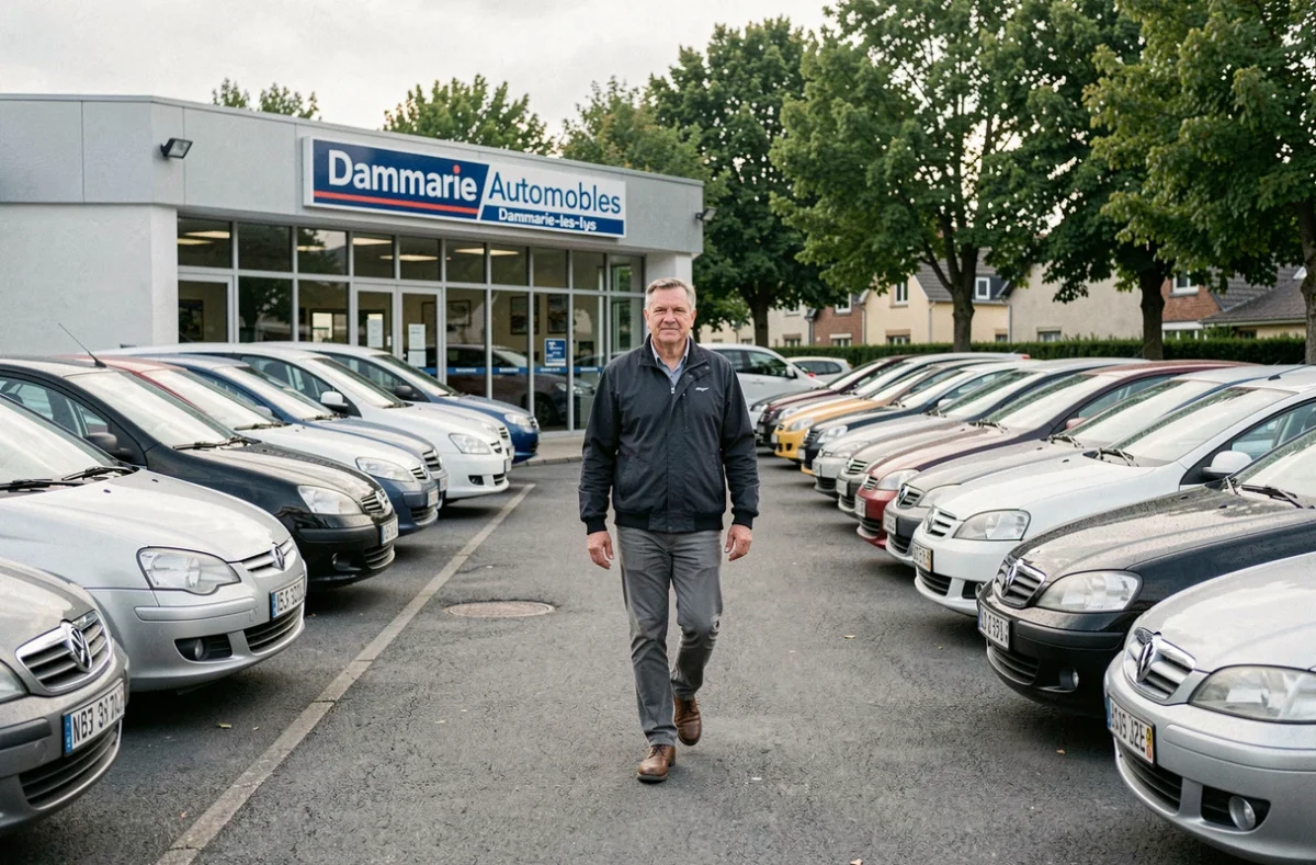 Gérant de Dammarie Automobiles parcourant les rangées de voitures d'occasion dans le parc automobile