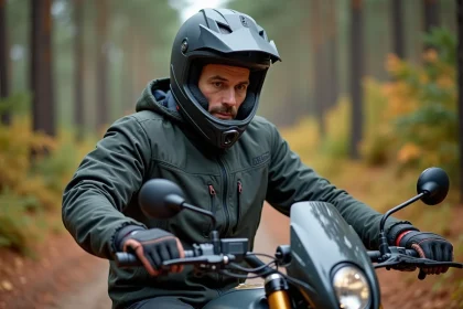 Motard débutant en équipement de trail examinant sa moto dual-sport sur un chemin forestier en automne