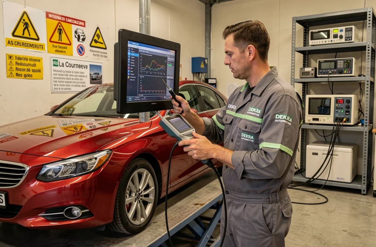 Technicien Dekra Automotive réalisant une analyse des émissions sur un véhicule à La Courneuve