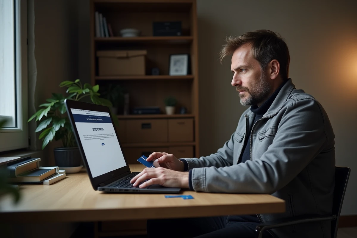 Homme effectuant une demande de remplacement de permis de conduire en ligne sur un ordinateur portable