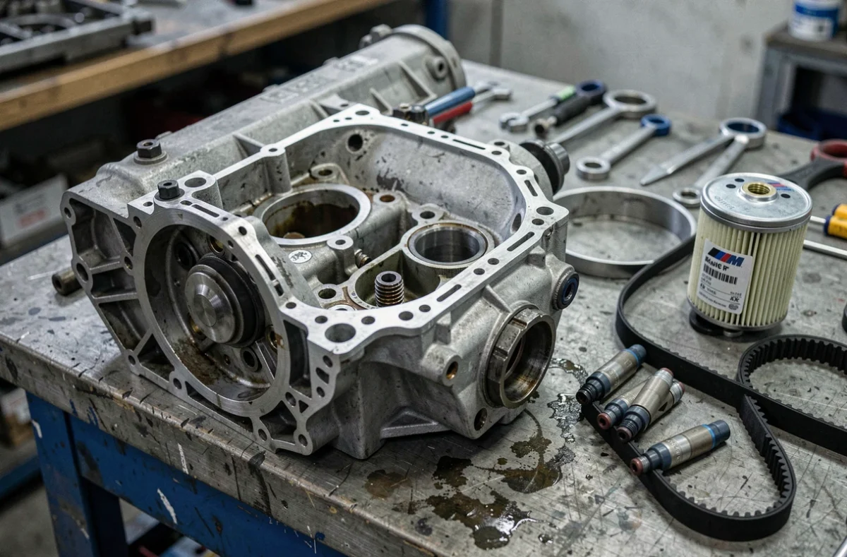 Détail du moteur diesel BMW M47 démonté avec pièces de remplacement sur établi d'atelier