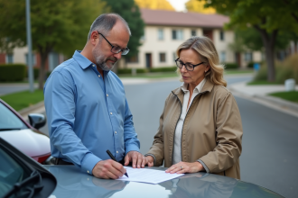 Deux conducteurs d'âge moyen remplissant un constat d'accident sur une rue résidentielle