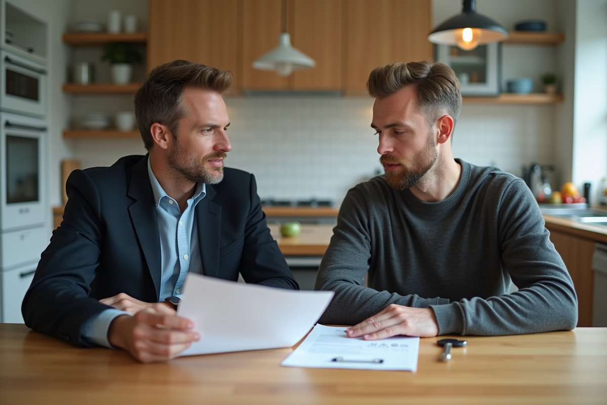 Deux hommes discutent de papiers d