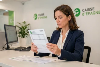 Femme consultant un devis assurance auto à l'agence Caisse d'Épargne