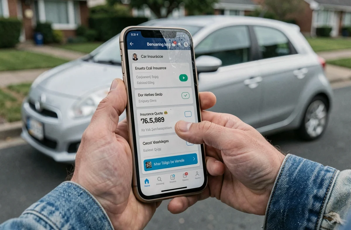 Demande de devis assurance auto Caisse d'Épargne sur smartphone avec voiture en arrière-plan