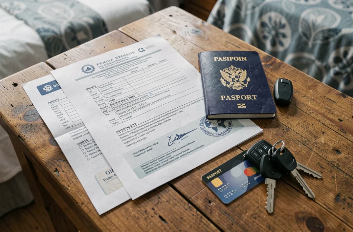 Vue du dessus des documents d'assurance pour une location de voiture à l'étranger avec passeport et clés de voiture