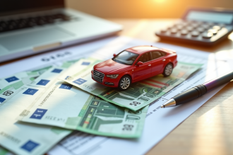 Pile de documents d'immatriculation avec une petite voiture rouge sur des billets