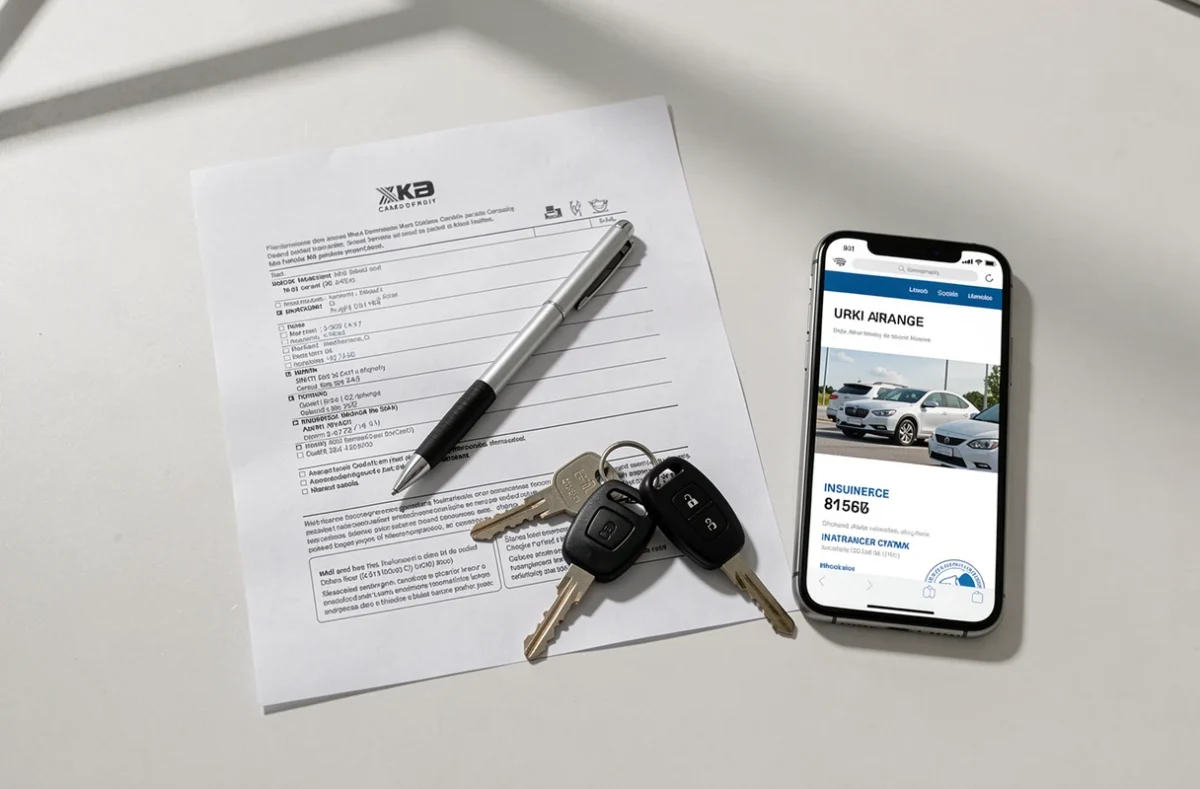 Vue de dessus d'un dossier d'assurance auto, clés de voiture et smartphone sur un bureau