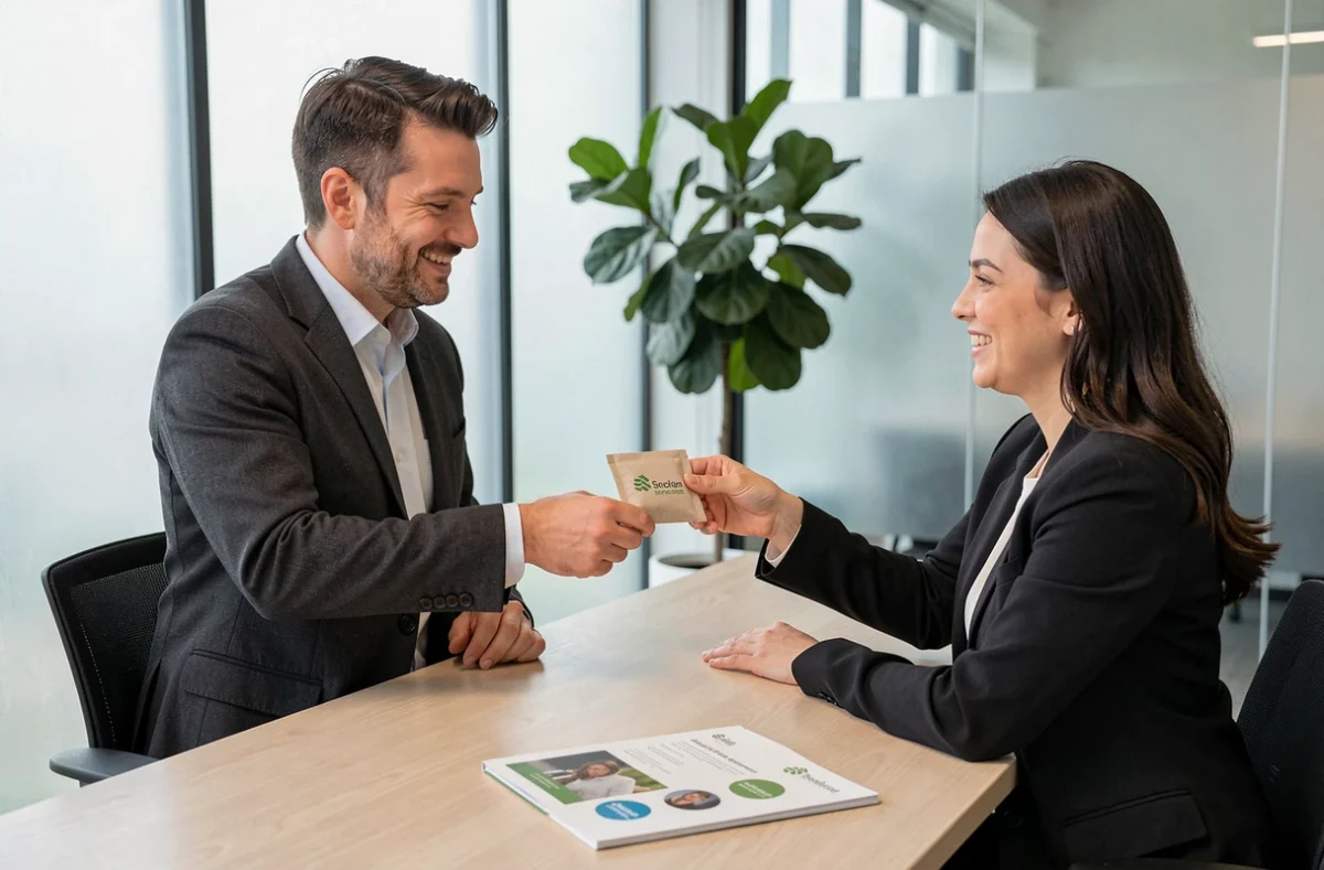 Échange professionnel d'un sachet sent bon personnalisé lors d'une réunion en espace de coworking moderne