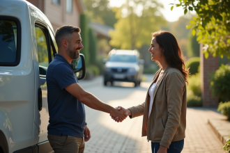 Personne serrant la main d'un vendeur privé à côté d'une camionnette propre