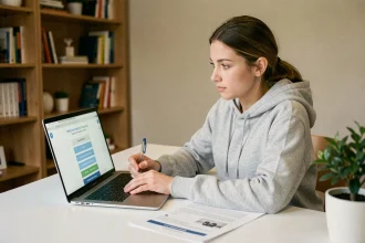 Jeune femme qui s'entraîne aux questions de permis de conduire sur ordinateur avec des fiches PDF imprimées sur un bureau