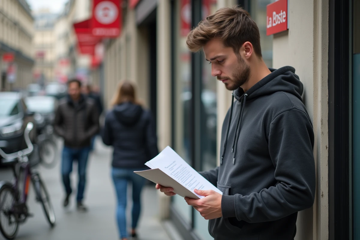 Jeune homme devant une poste française tenant une enveloppe avec les documents pour refaire son permis de conduire