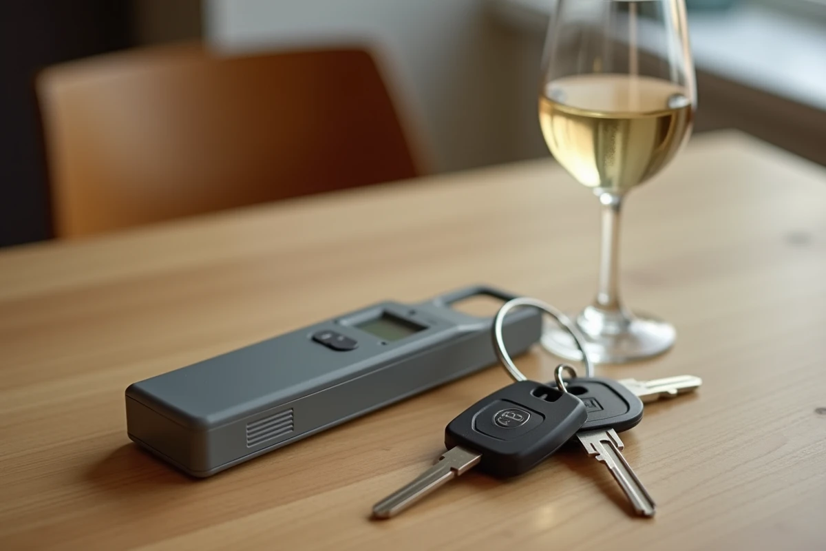 Éthylotest numérique posé sur une table avec des clés de voiture et un verre de vin blanc, symbolisant la limite d'alcoolémie au volant