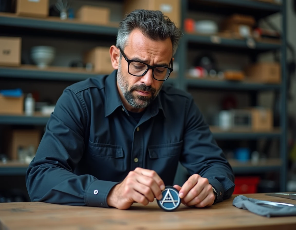 Mécanicien expert inspectant un badge logo Alpine à la loupe dans un atelier automobile