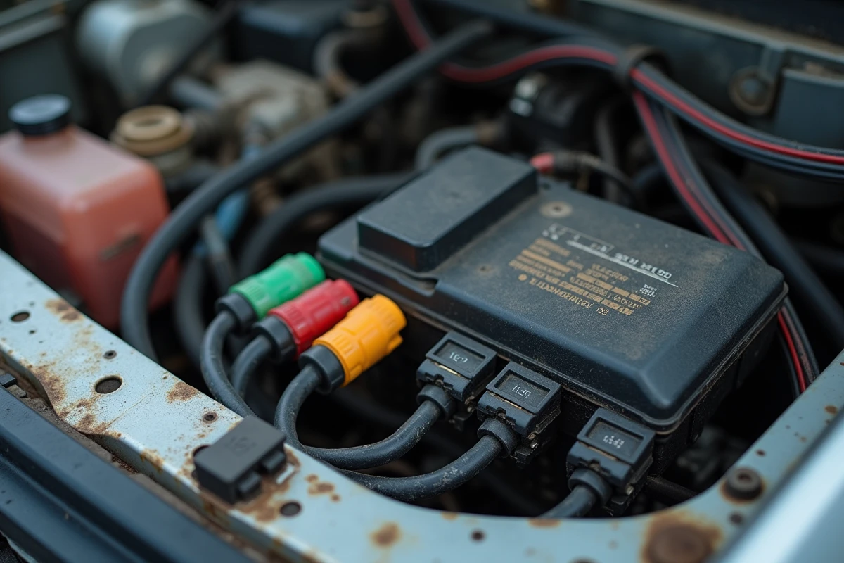 Faisceau électrique et module ECU d'une Renault en gros plan, illustrant les composants électroniques liés au code défaut 1525F3