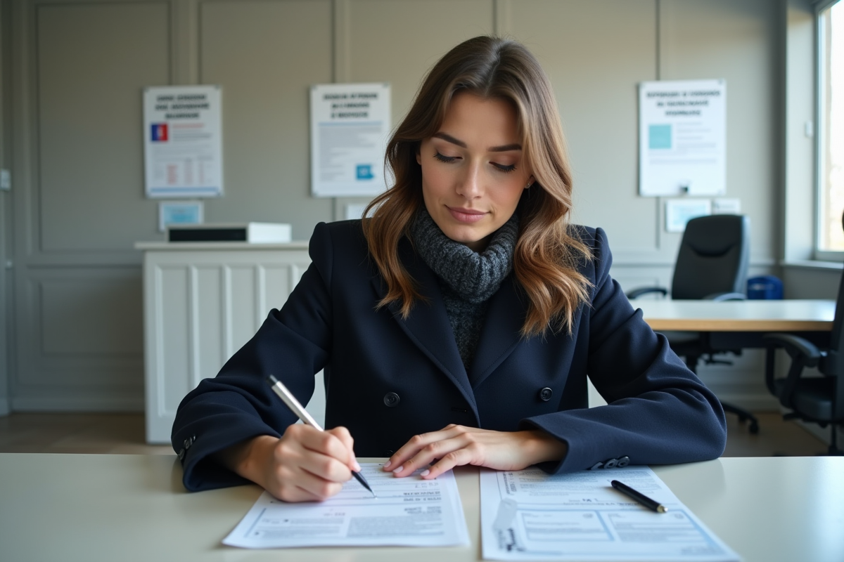 Jeune femme remplissant des papiers administratifs en préfecture