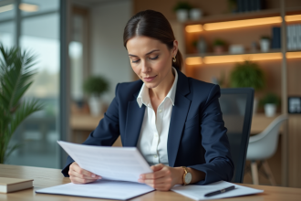 Femme d affaires en costume bleu examine un contrat de franchise