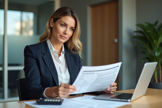 Femme d'affaires examinant des documents dans un bureau moderne