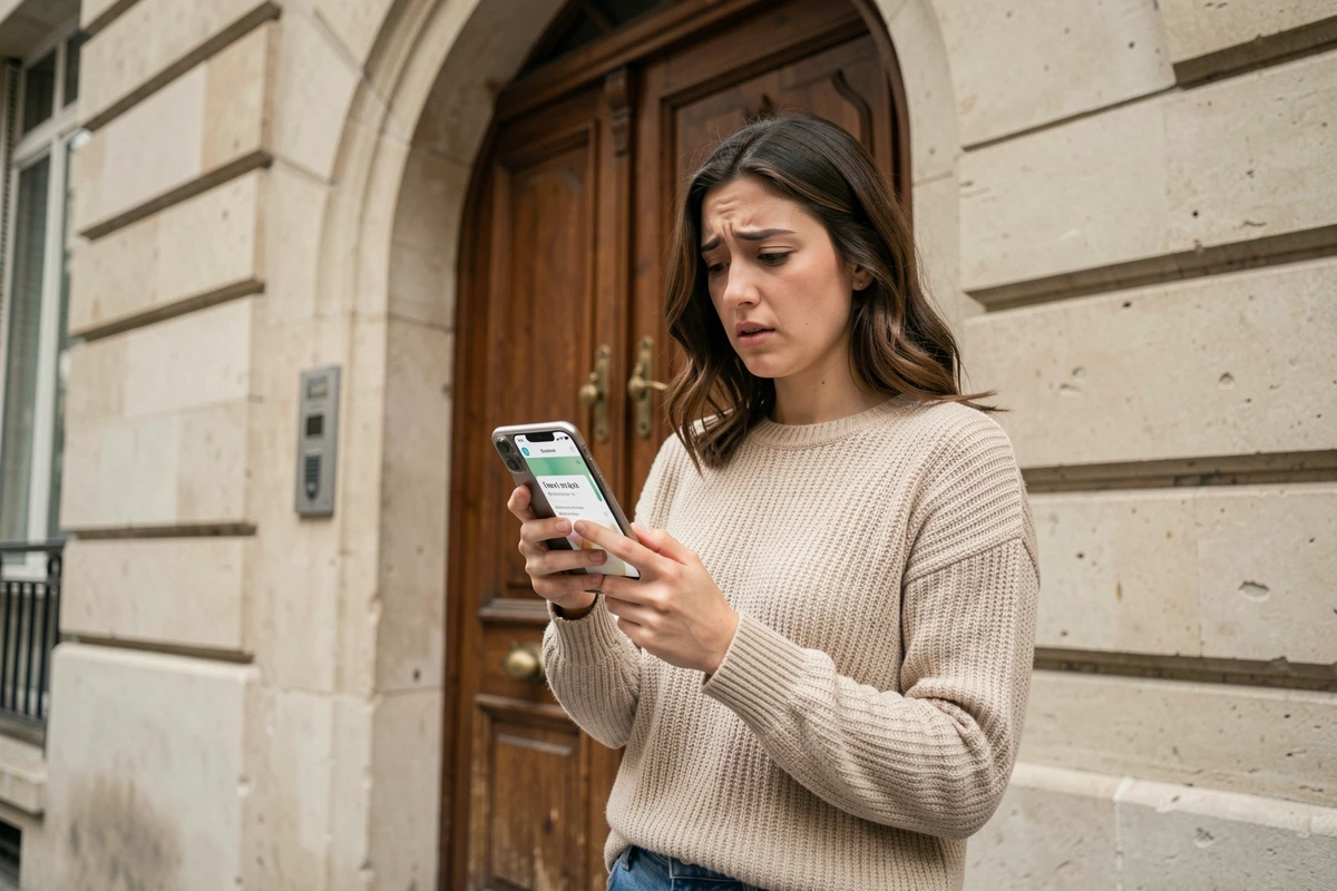 Femme vérifiant une application de suivi de livraison devant un immeuble parisien le dimanche