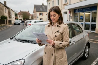 Femme consultant son contrat d'assurance auto devant son véhicule dans une rue de ville française