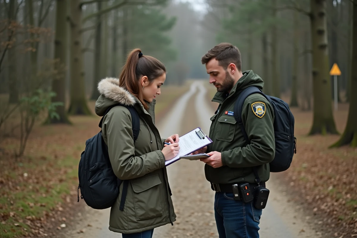 Jeune femme remplit un formulaire avec un agent en forêt