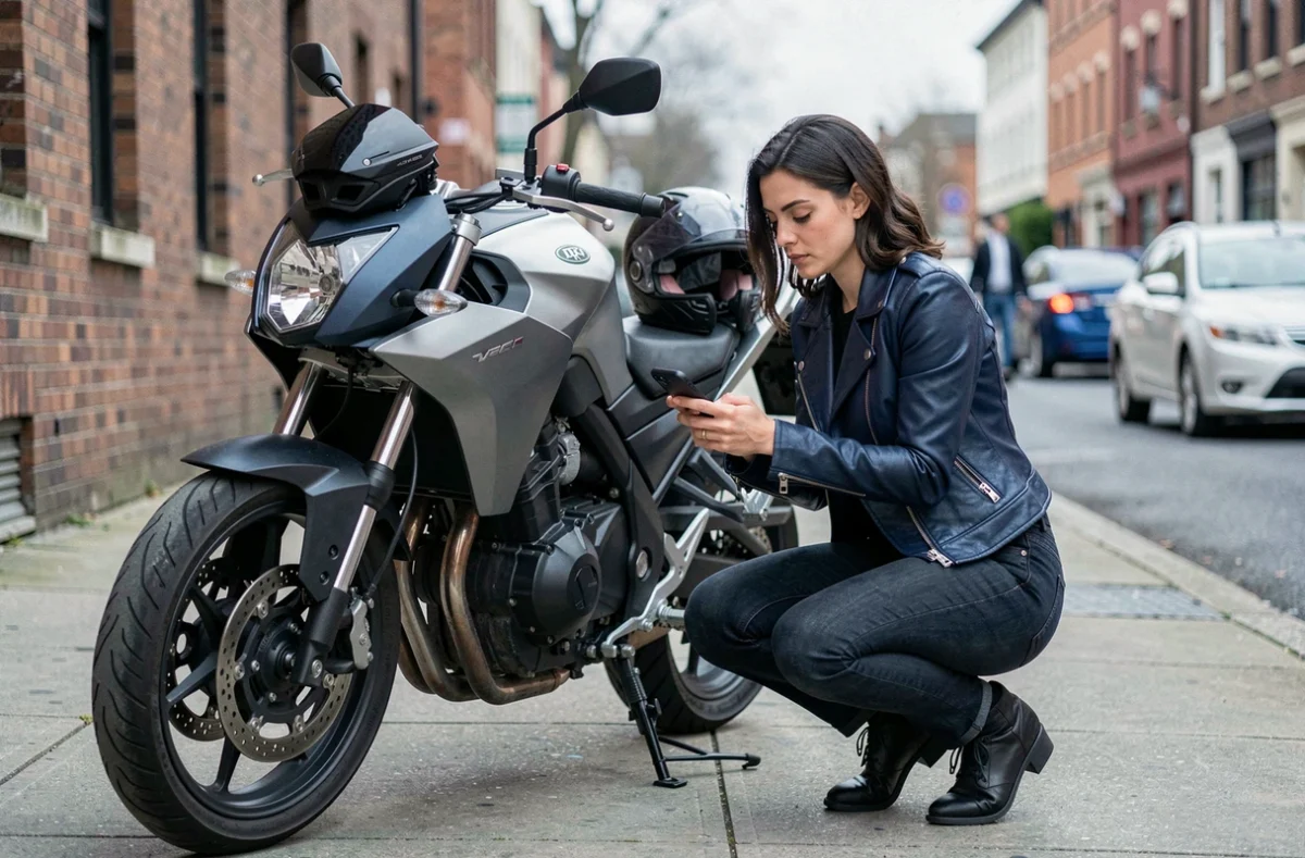 Femme consultant son téléphone pour souscrire une assurance moto en ligne dans la rue