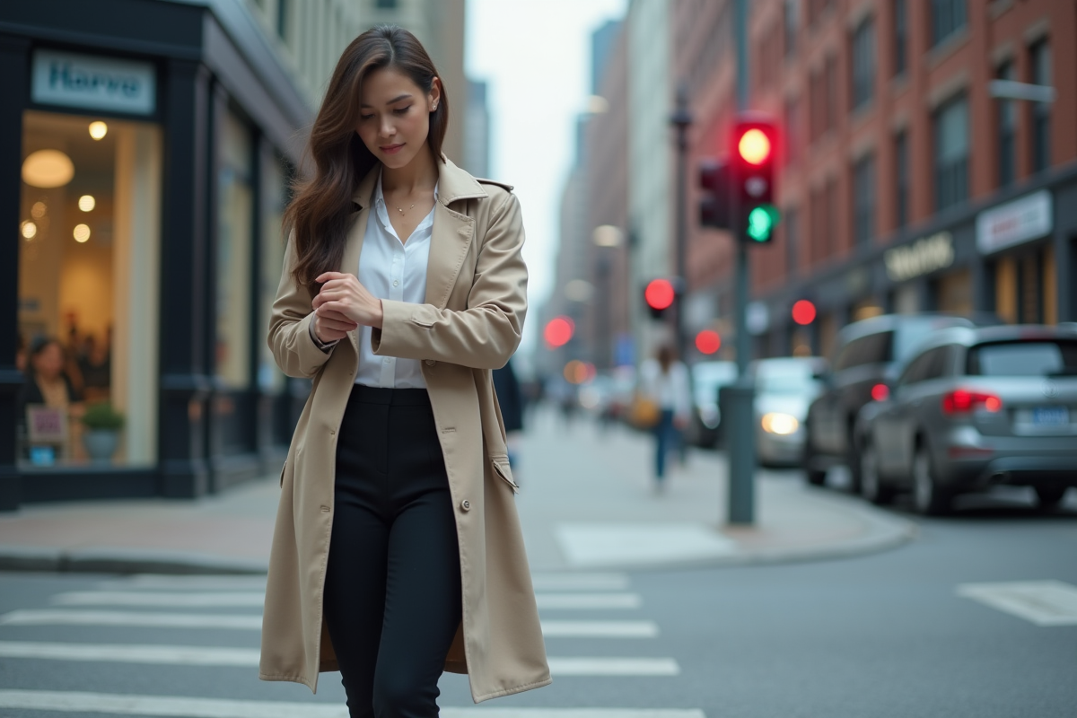 Jeune femme regardant sa montre au passage piétons