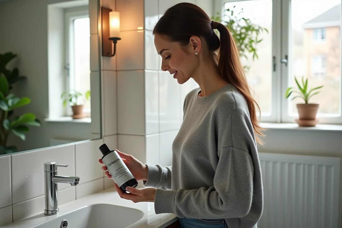 Femme souriante tient une bouteille Veigaro dans la salle de bain