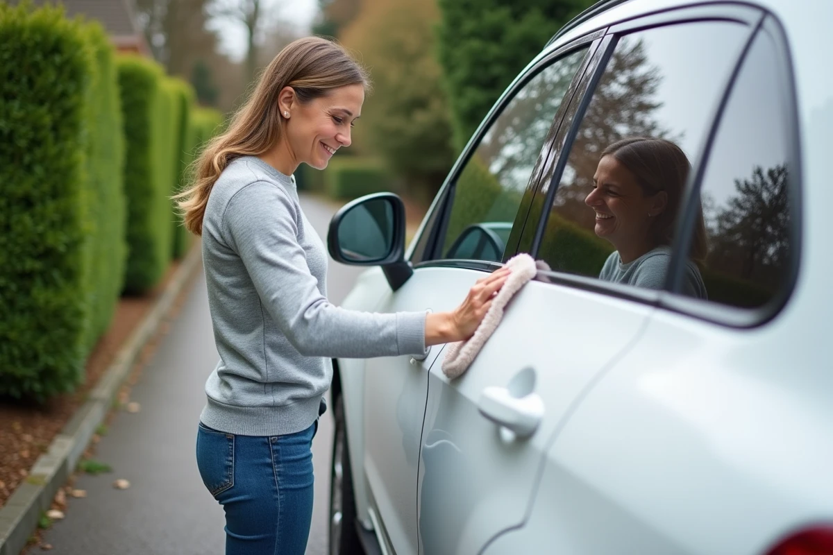 Femme polissant sa voiture à l