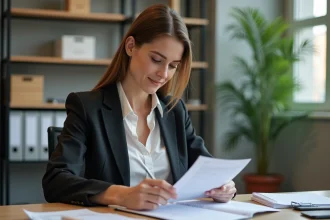 Femme concentrée remplissant un formulaire de remboursement