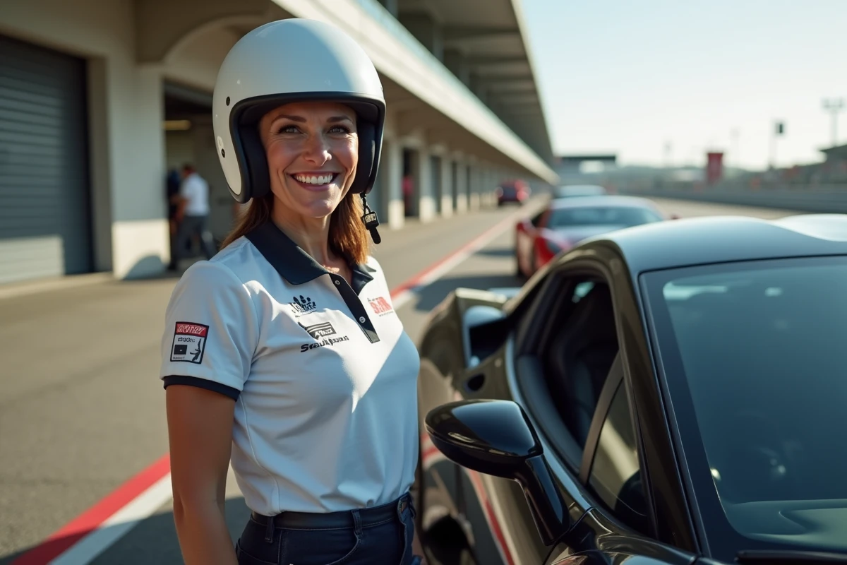 Femme souriante en casque de pilotage devant une voiture de sport noire dans le paddock d'un circuit automobile
