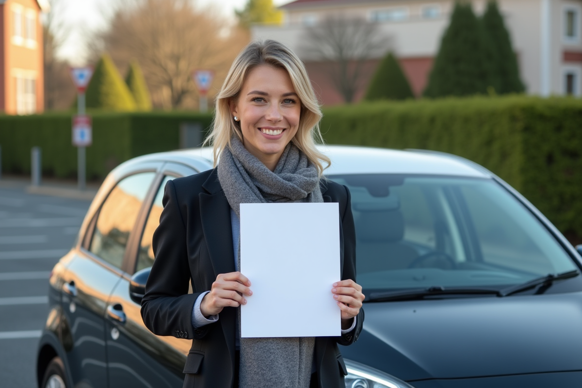 Jeune femme souriante avec certificat et voiture compacte