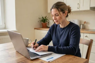Femme comparant des offres d'assurance auto pas chère sur ordinateur portable à la maison