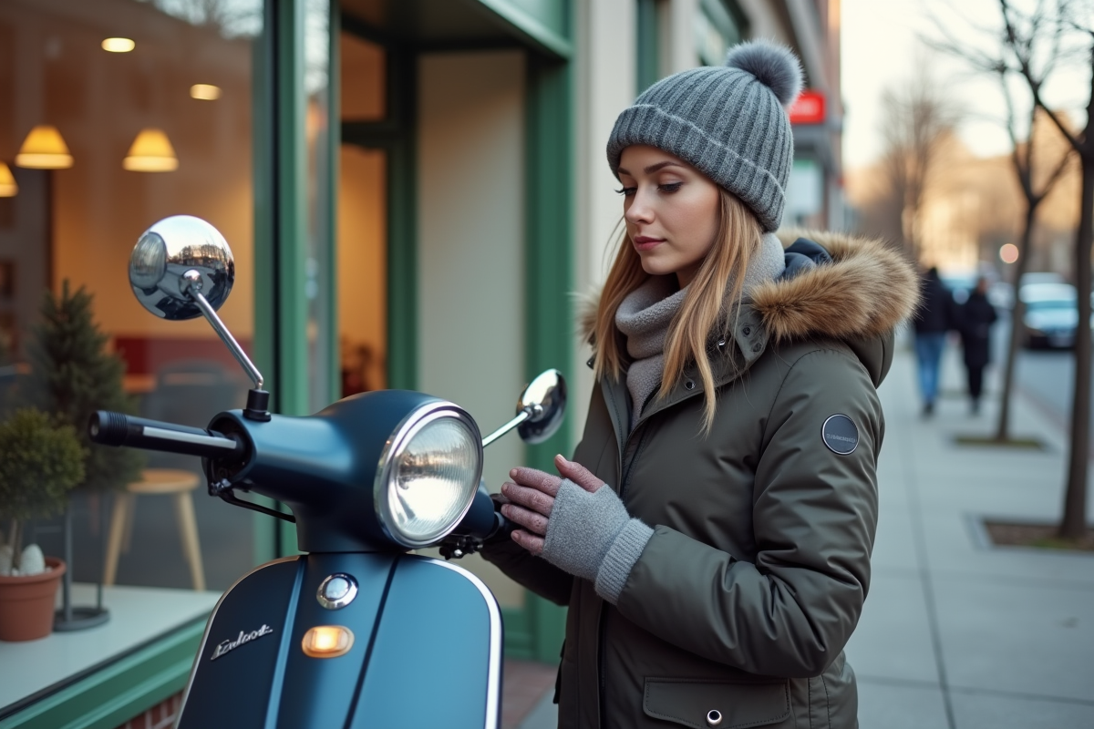 Jeune femme compare deux scooters 50cc devant concession