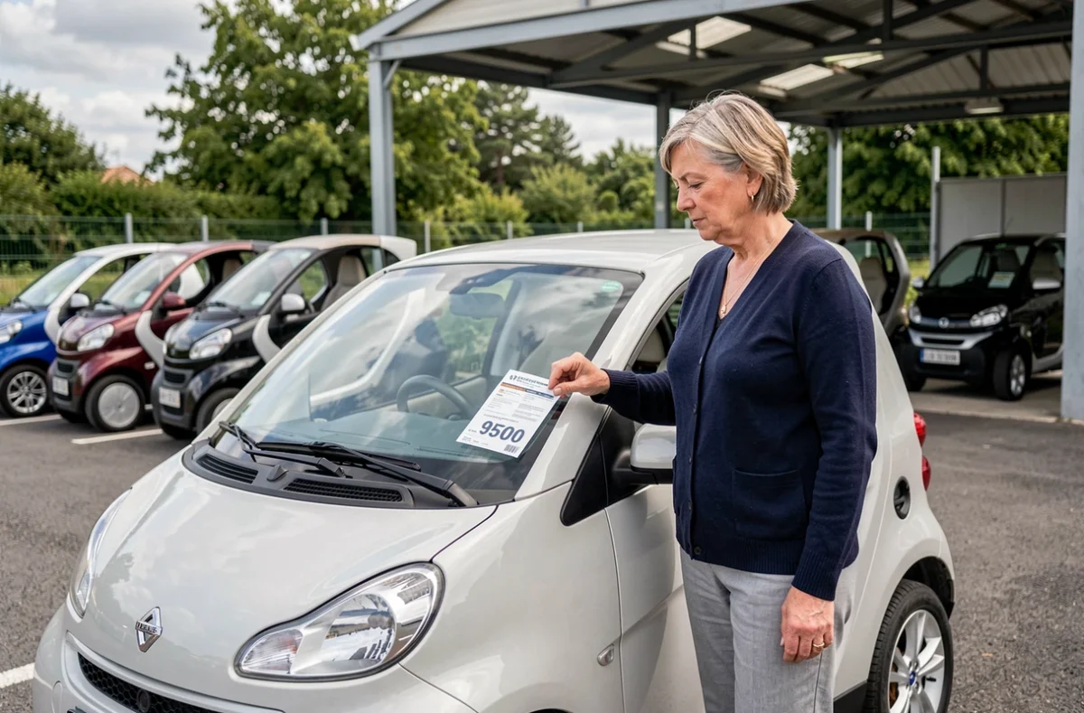 Femme consultant une offre de voiture sans permis dans un concessionnaire à Challans