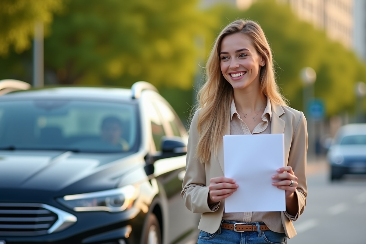Jeune femme souriante avec clés et assurance devant sa voiture