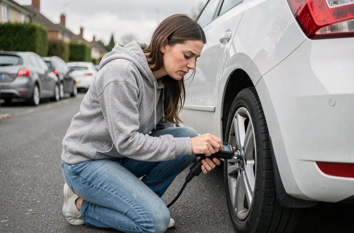 Femme vérifiant la pression du pneu arrière de sa Seat Ibiza blanche avec un gonfleur numérique